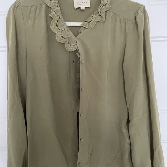 Sezane Tops - Sezane Chlo Olive Blouse with Scalloped Trim